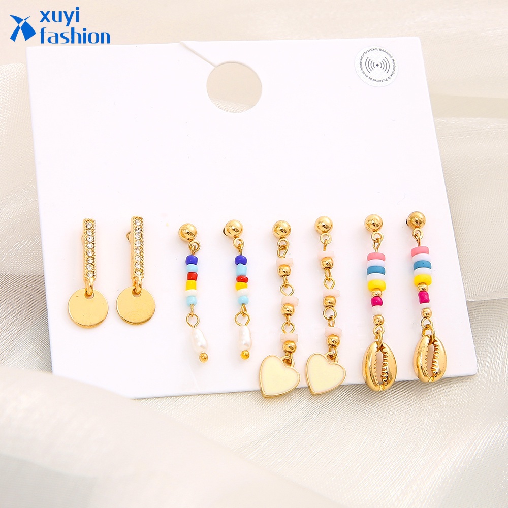 4 Pasang / set Anting Manik-Manik Kerang Hati Wafer Warna Emas Gaya Retro Untuk Wanita