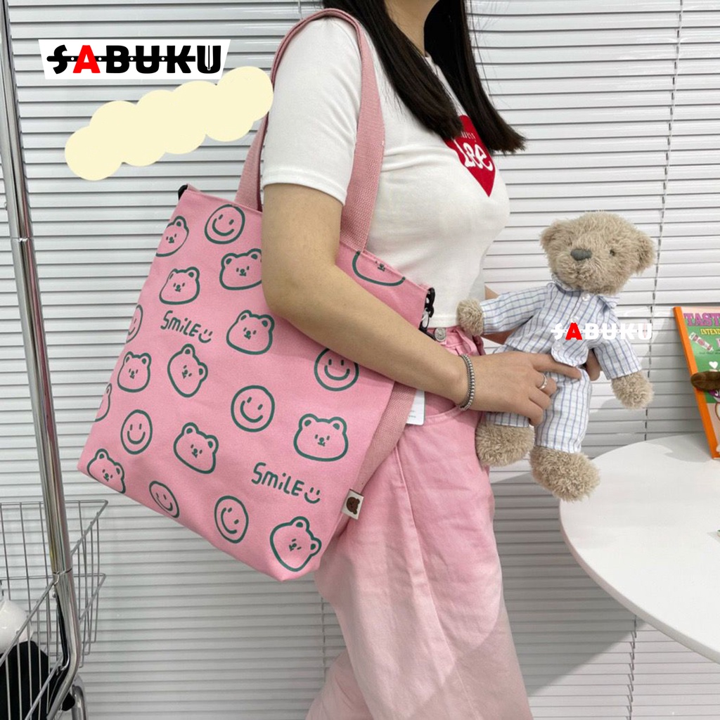 Tas Totebag SMILE Tas Selempang Sekolah Totebag Fashion Wanita Bahan Kanvas Premium -252