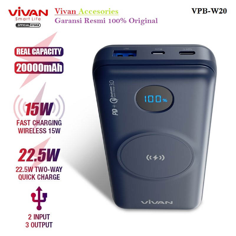 VIVAN Powerbank VPB-W20 20000 mAh Wireless 3 Output Fast Charging 15w