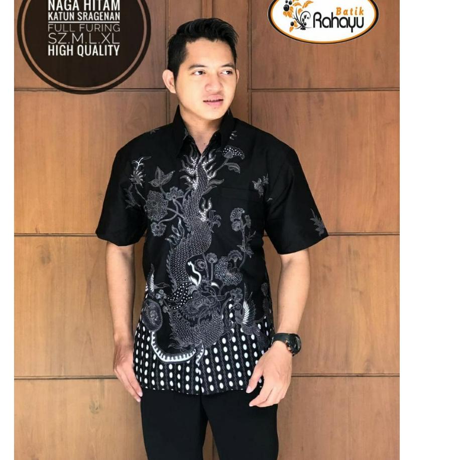 Menarik Naga Hitam RAHAYU Kemeja batik pria motif naga abu hitam lengan pendek berfuring kemeja prem
