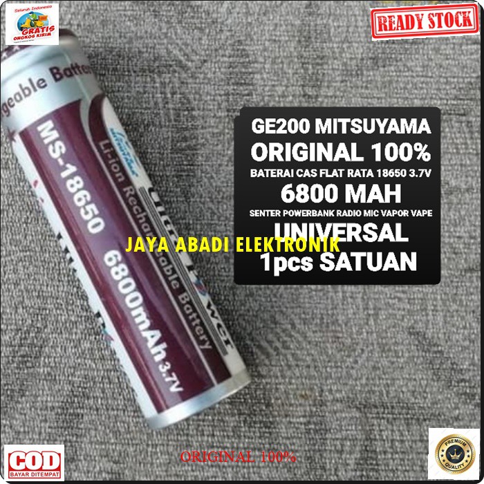 G200 Mitsuyama original 3.7v volt Baterai 18650 FLAT RATA mah battery batere batery batu batere cas casan charger senter police ultra power powerbank 6800 satuan universal multi speaker mik mic G200  Harga SATUAN BKN SEPASANG  Dimensi baterai panjang