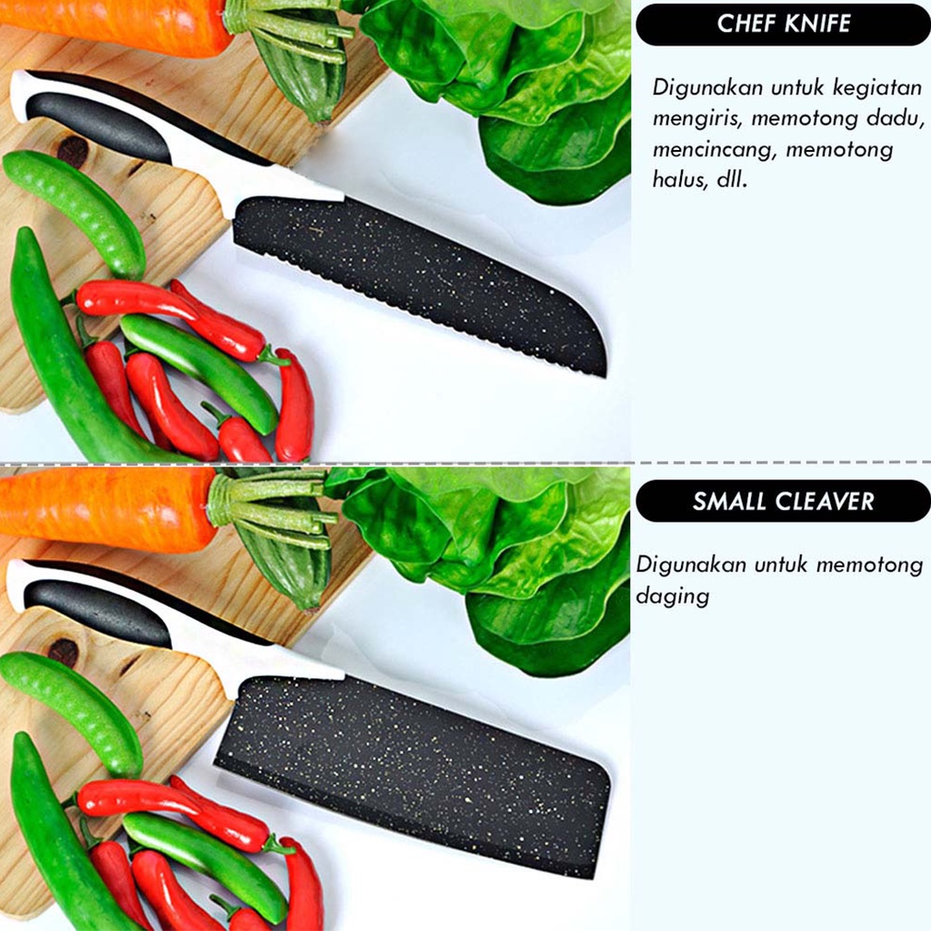 Pisau Set 5 in 1 Premium Warna Hitam Dengan Lapisan Batu Maifan ( 3 Pisau + Peeler + Serrated Cutter) Murah Professional Chef Cooking