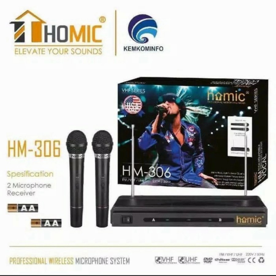 paket Mic / Microphone HOMIC Double Wireless HM-306 HM306 VHF Series isi 2 pcs mantap