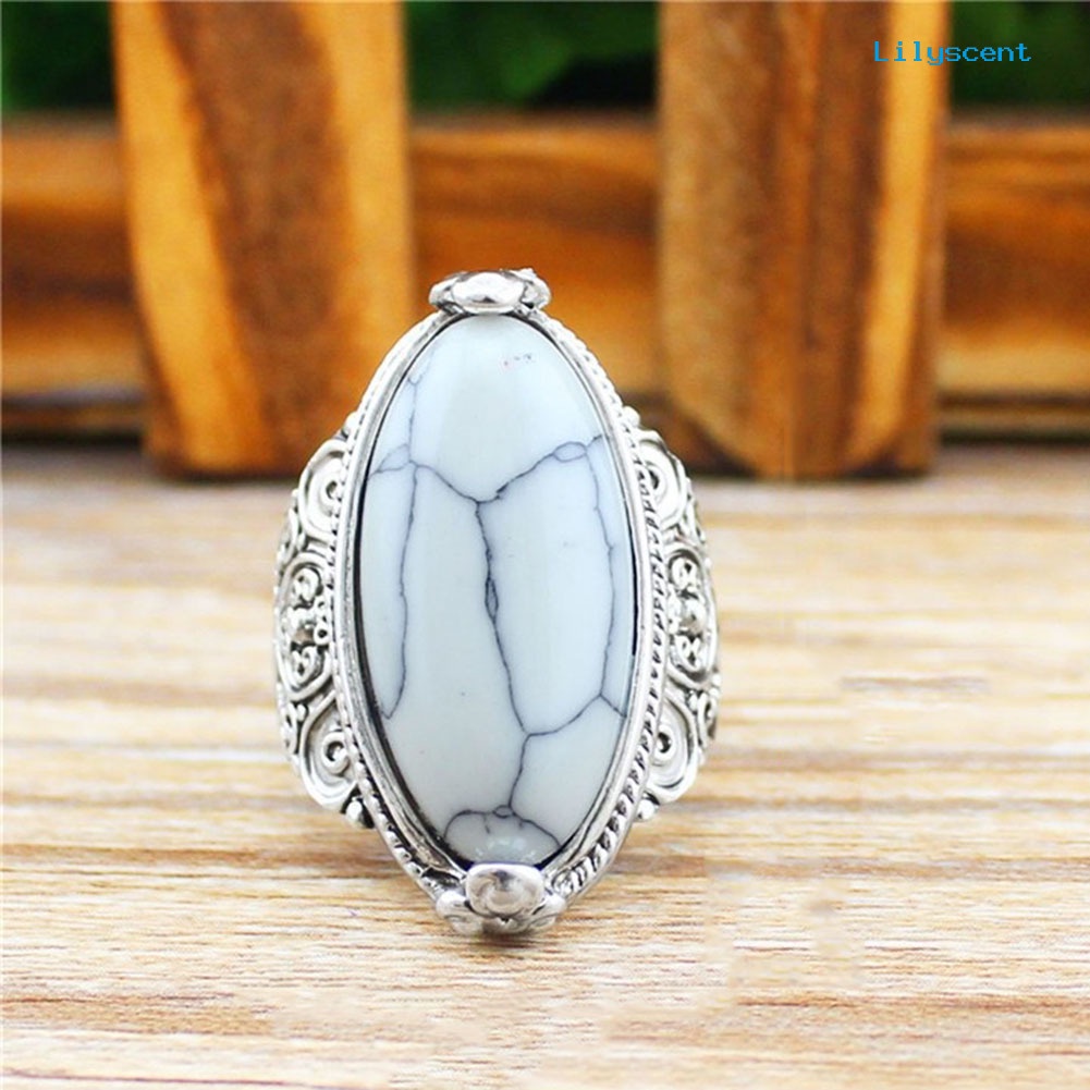 Ls Cincin Lapis Silver Antik Gaya Boho Vintage Dengan Turquoise Oval Untuk Wanita