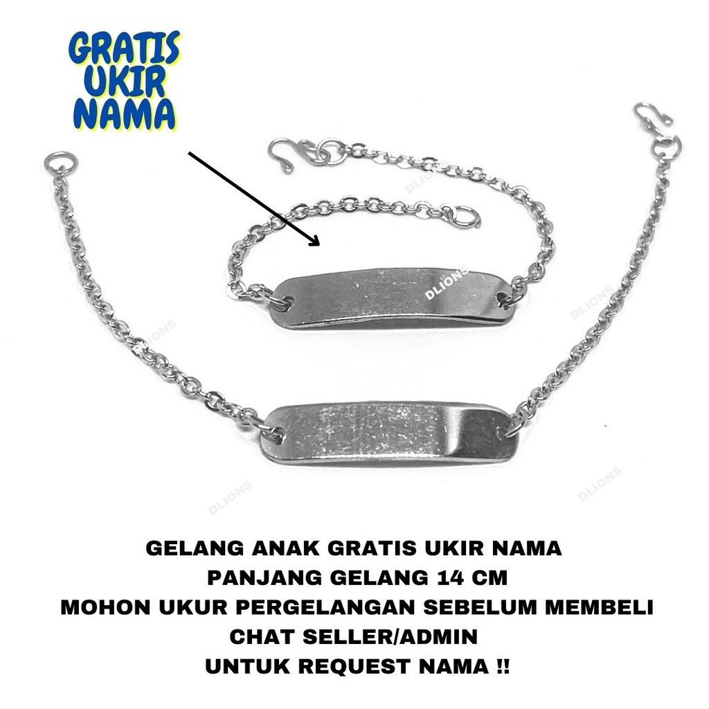 GELANG NAMA ANAK,GELANG ANAK BAJA PUTIH,GELANG MONEL ANTI KARAT PANJANG 14 CM