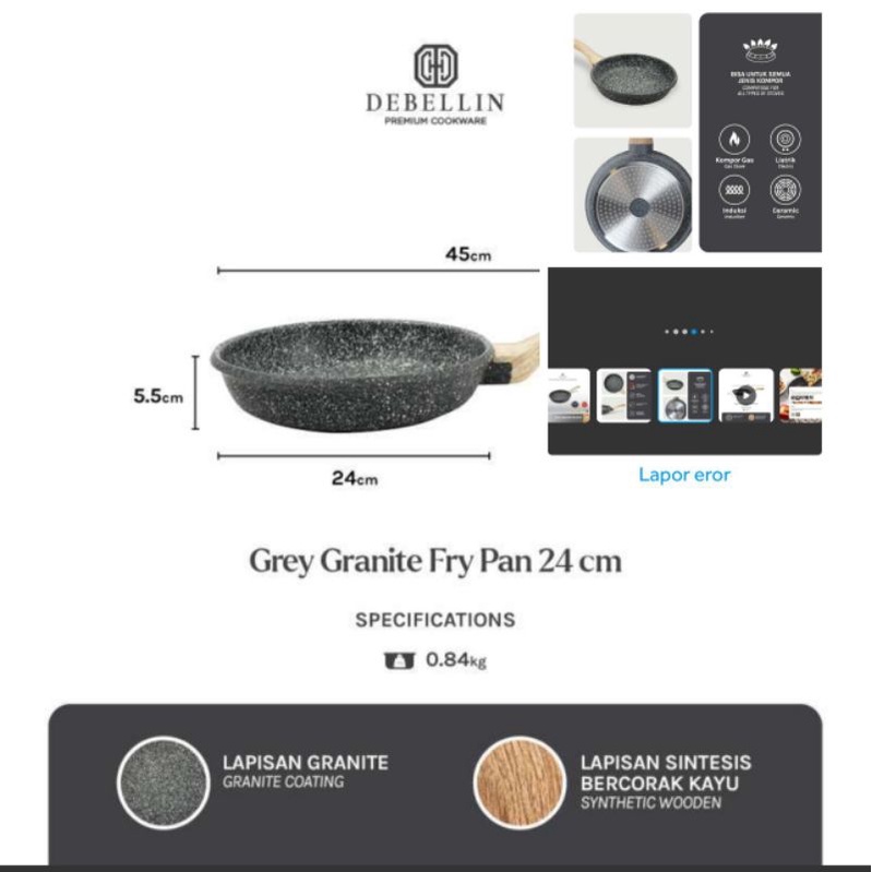 Debellin Premium Cookware Grey Fry Pan 24 cm -Penggorengan Granite Anti Lengket