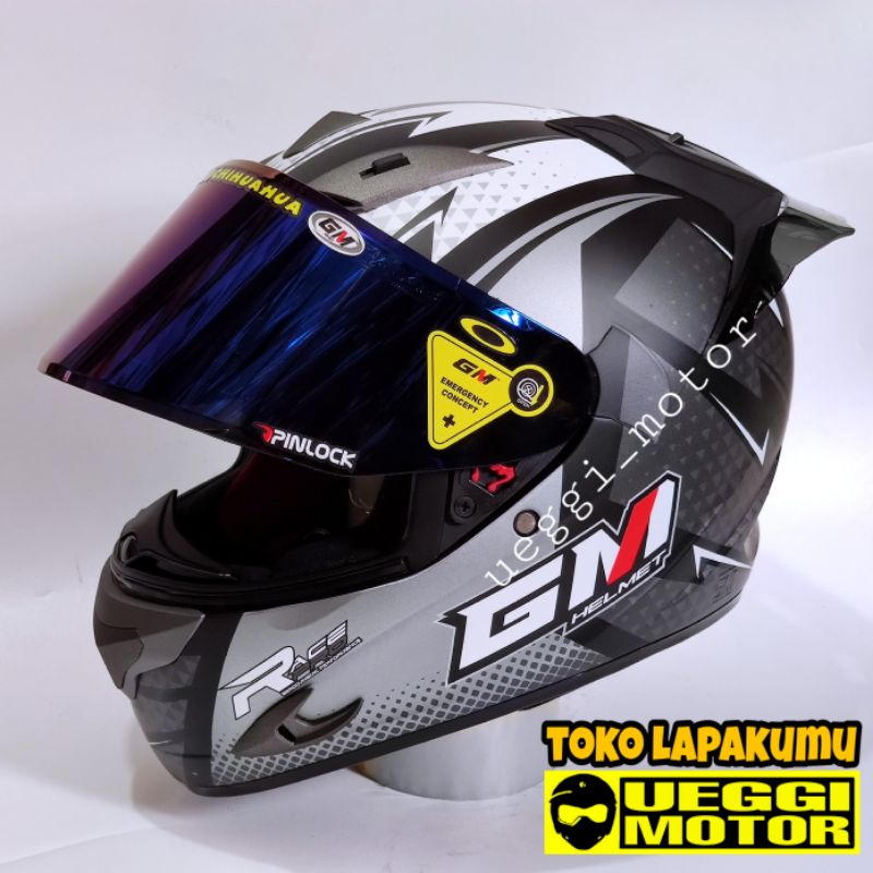 Terbaru Helm Gm Race Pro flat visor - helm fulpace Gm paket ganteng-Flash silver dof