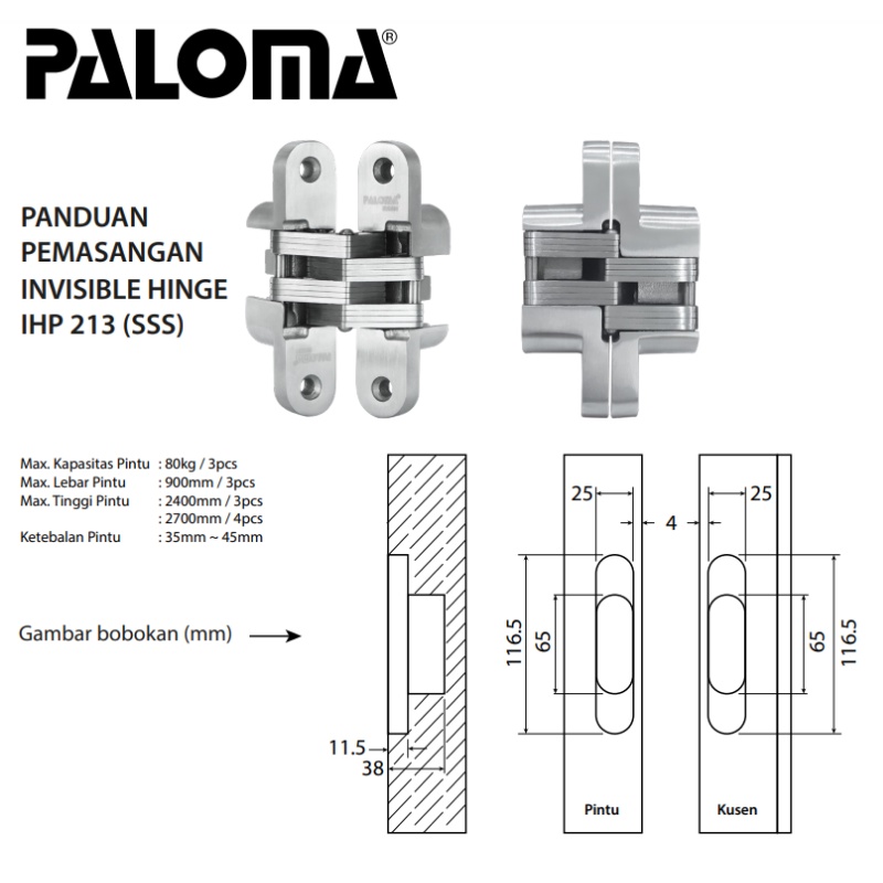 PALOMA IHP 213 INVISIBLE HINGE ENGSEL TANAM P65 STAINLESS STEEL