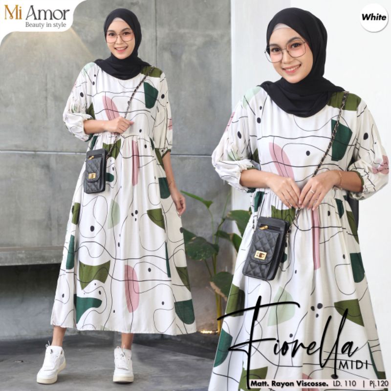 Fiorella Midi Dress Rayon Terbaru Kekinian Dress Putih Midi Dress Muslim Korea Style by Mi Amor Midi