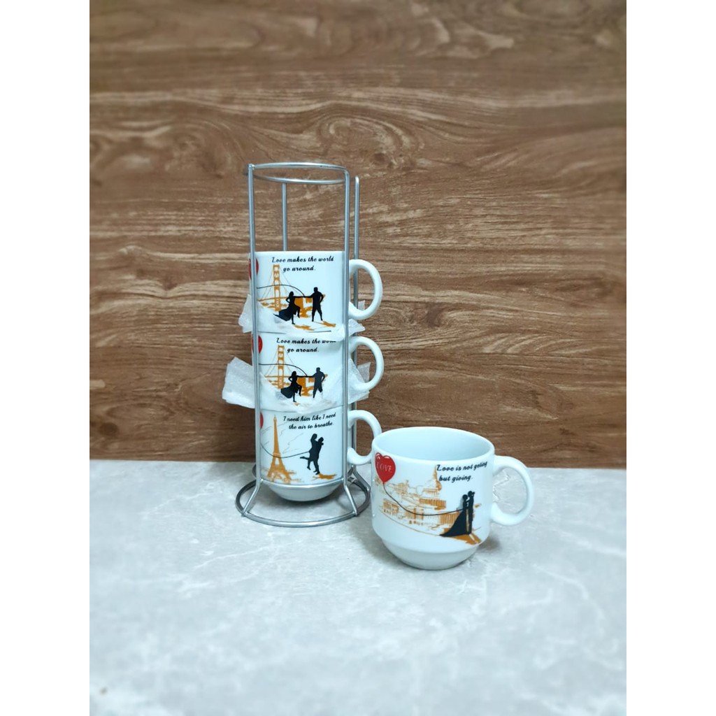 BABEE MUG KERAMIK SET 4 SUSUN SIZE S / CANGKIR GELAS 4 SUSUN BANYAK MOTIF / MUG TEH KOPI / KADO UNIK-Couple