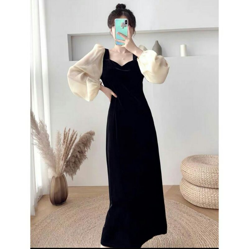 6588 Baju long dress bludu lengan balon hitam wanita import baju long dress gaun malam pesta kondang