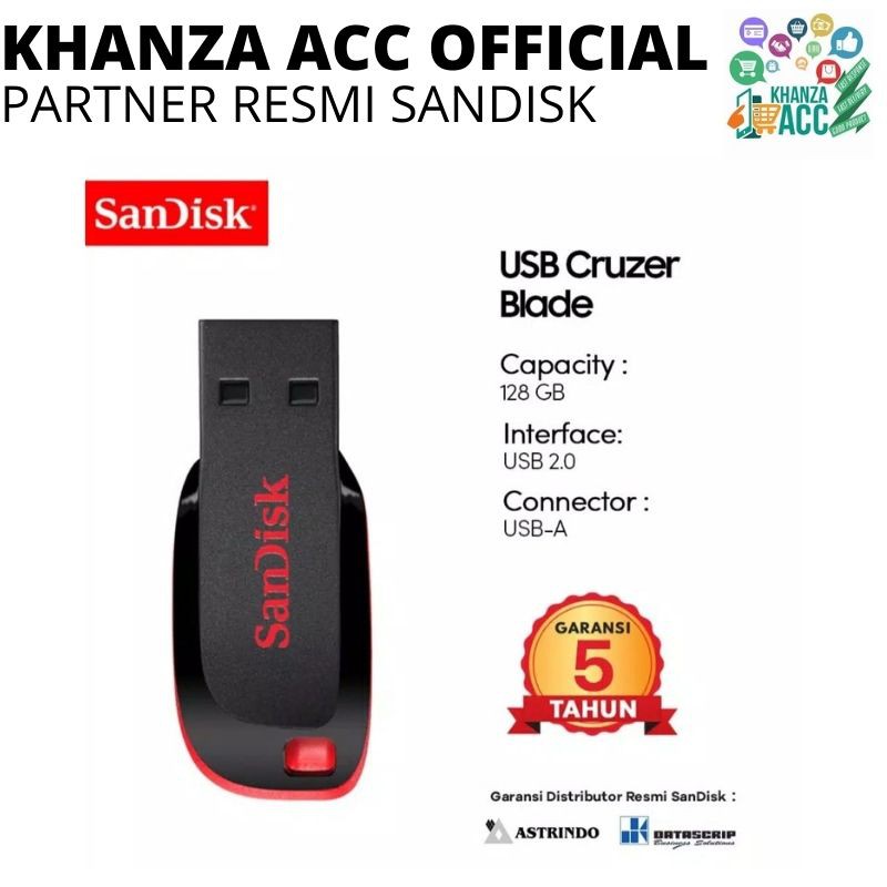 KHANZAACC Flashdisk USB Sandisk Cruzer Blade 128GB FD Original Bergaransi Resmi