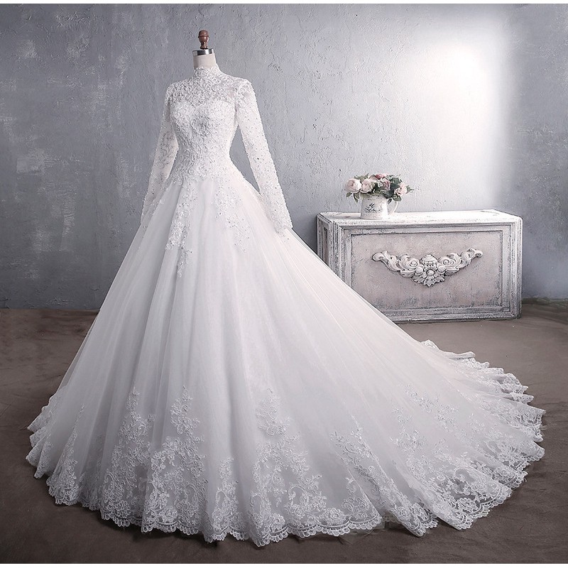 White Muslim Women High Collar Long Sleeve Lace Beaded Long Tail Wedding Gown Dress gaun pengantin putih lengan panjang wanita muslim