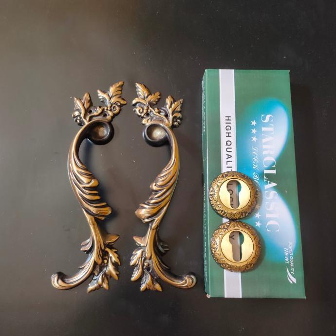 GAGANG PINTU KUNCI PINTU RUMAH / HANDLE PINTU KUNINGAN MOTIF CAKAR ANTIK SET KUNCI