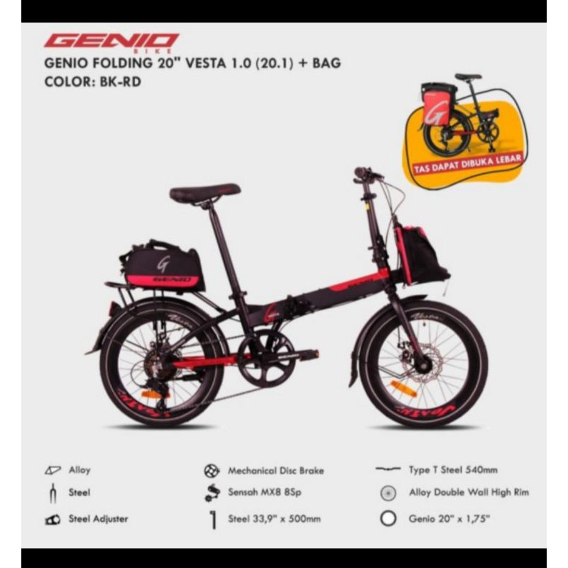 Sepeda Lipat 20 inch Genio Vesta 8 speed free tas