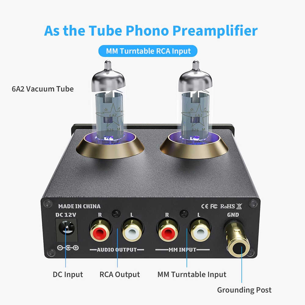 Fosi Audio Preamplifier Phono Preamp for Turntable Phonograph with 6A2 Vacuum Tube - Box X2 - Black