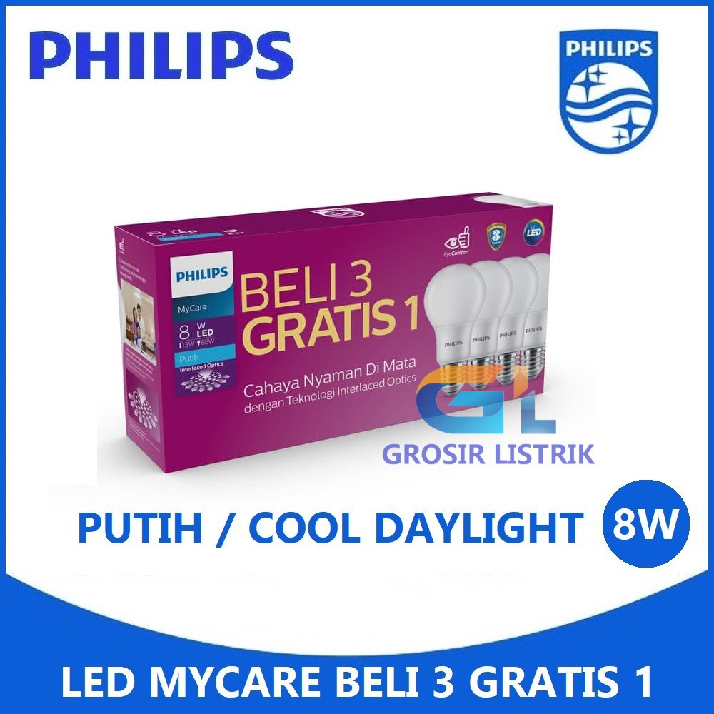 Lampu Philips LED Bulb MyCare Multipack 8W Putih (Paket 8 Watt Beli 3 Gratis 1) LEDBulb Grosir 8 W