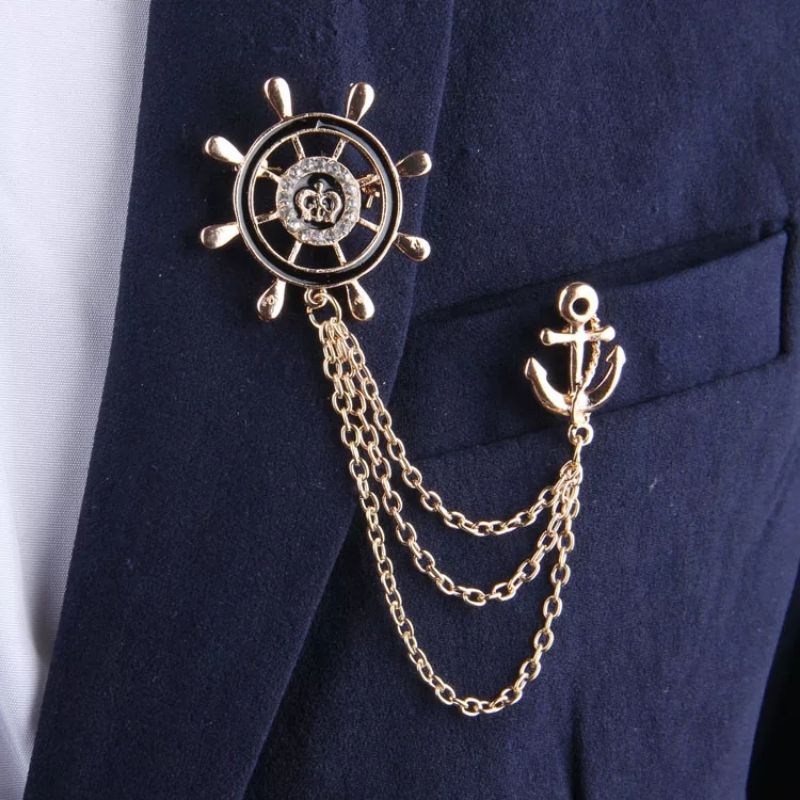 Lapel Pin Bros Jangkar Kemudi Kapal - Brooch Pin Anchor Aksesoris Jas