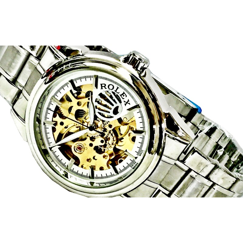 Jam Tangan Pria Skeleton Automatic Rolex Chain Silver