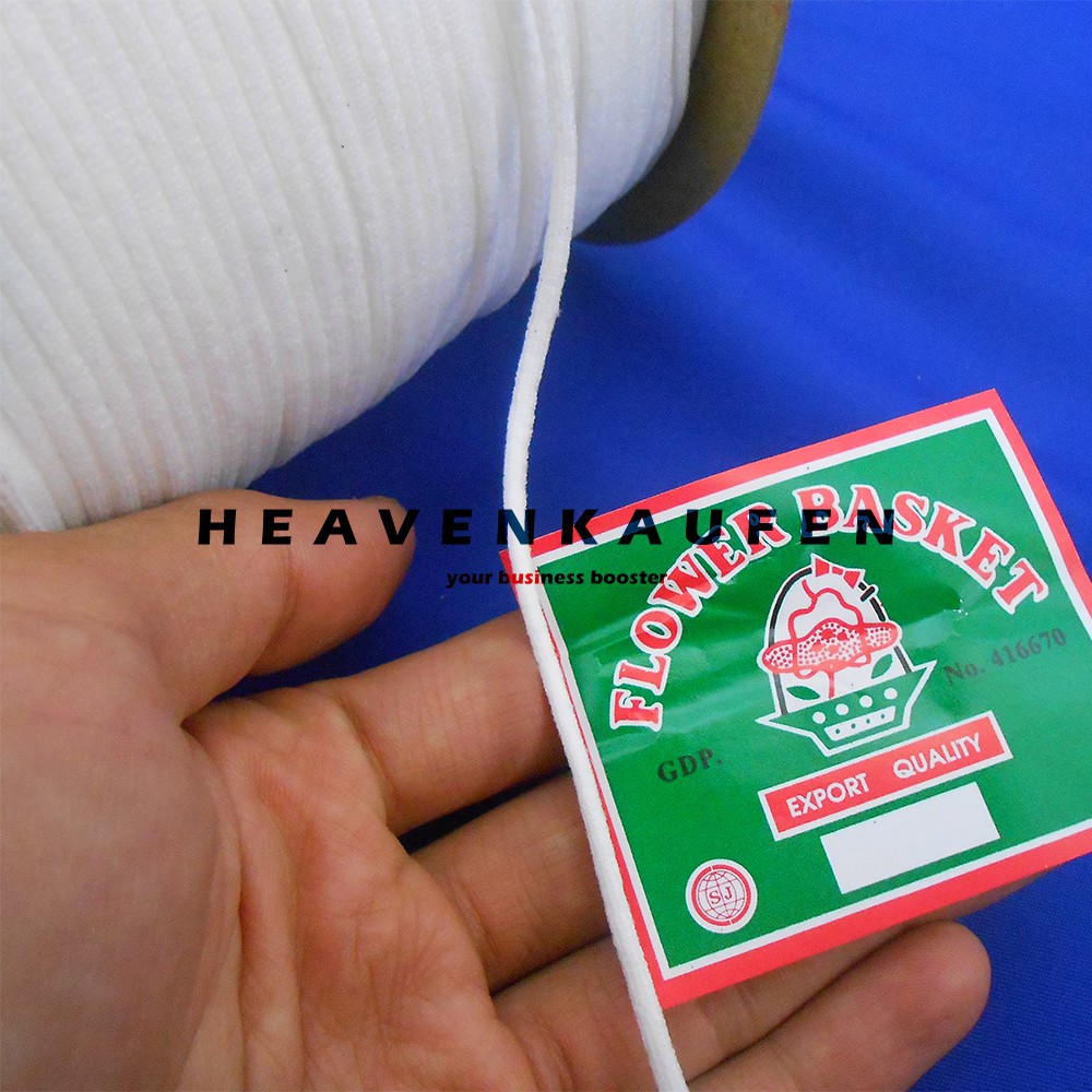 GROSIR Tali Elastis Karet Masker Putih Gepeng Halus Lembut Merk Flower Basket Meteran