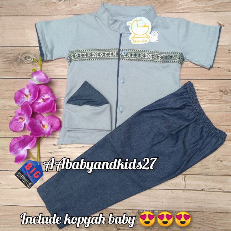 VINATA Setelan Baju Koko Bayi Bordir Denim All Size Usia 3-18 Bulan SNI Berkualitas