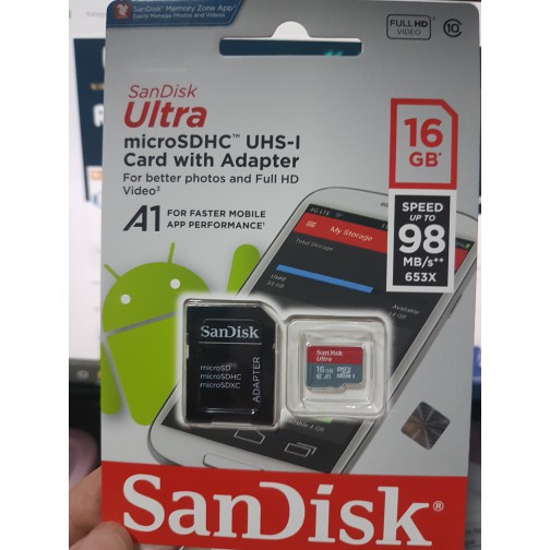 Micro SD Sandisk Ultra 16GB Class 10 80MB/s microSDHC Card UHS-1 red