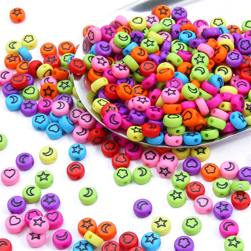 100pcs 7mm Colorful Mixed Flower Star Moon Heart Acrylic Beads Round Flat Loose Spacer Beads For Diy Jewelry Making Bracelet