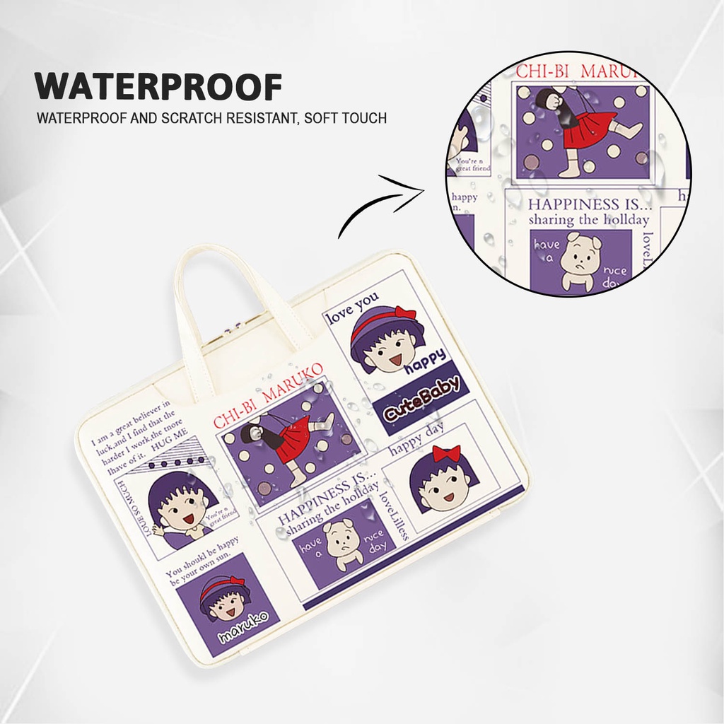 Sleeve Pouch Sarung Tas Bag Case Ipad Tab Tablet Macbook Air Pro Laptop Asus Acer Lenovo HP Huawei 11 12 13 14 15 inch Motif Gambar Kartun Cartoon Chibby Maruko Chan Warna Putih Biru Lucu Cute Murah Korean Model Jinjing Tali Strap