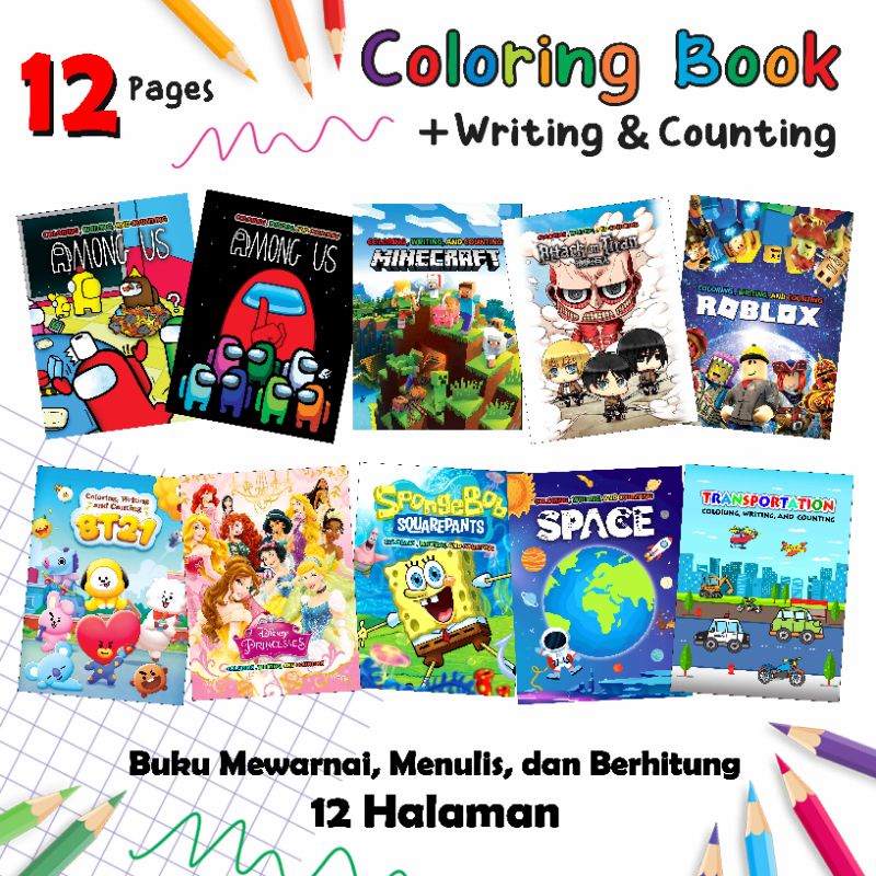 COLORING BOOK BUKU MEWARNAI ANAK ROBLOX MINECRAFT ATTACK ON TITAN AMONG US BT21 PLANET SPONGEBOB