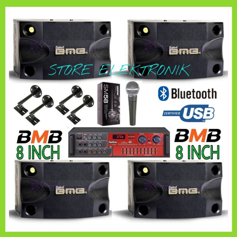 Paket Sound Cafe Speaker BMB 8 Inch Ampli Bluetooth / Klinik / Panggilan / Kantoran /  4 TITIK