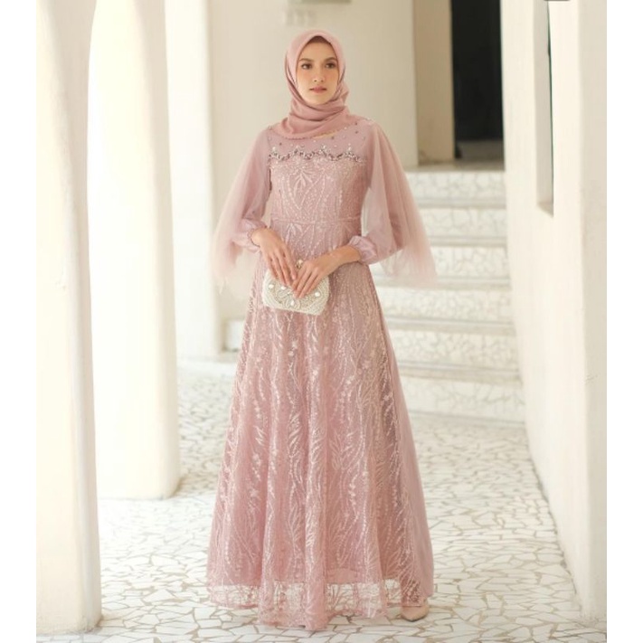 LUNA Dress -  Baju Dress Gamis Kondangan Terbaru Gamis Pesta Mewah 2022 Wanita Syari Busana Muslim Terbaru Modern Maxi Lengan Tutu Jaring Outfit Muslimah Kekinian Model Baru RAYA GAMIS MAXI CEMPAKA AULIA GAMIS TILE TUTU GAMIS BRUKAT Mutiara
