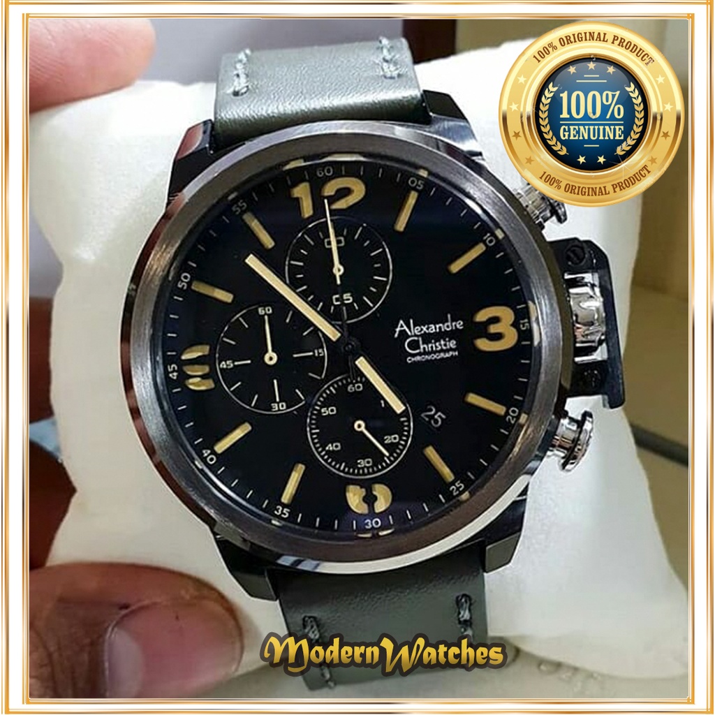 Jam Tangan Pria Alexandre Christie AC 6280 Hitam Abu Black Grey Tali Kulit Hitam Terlaris Alexander