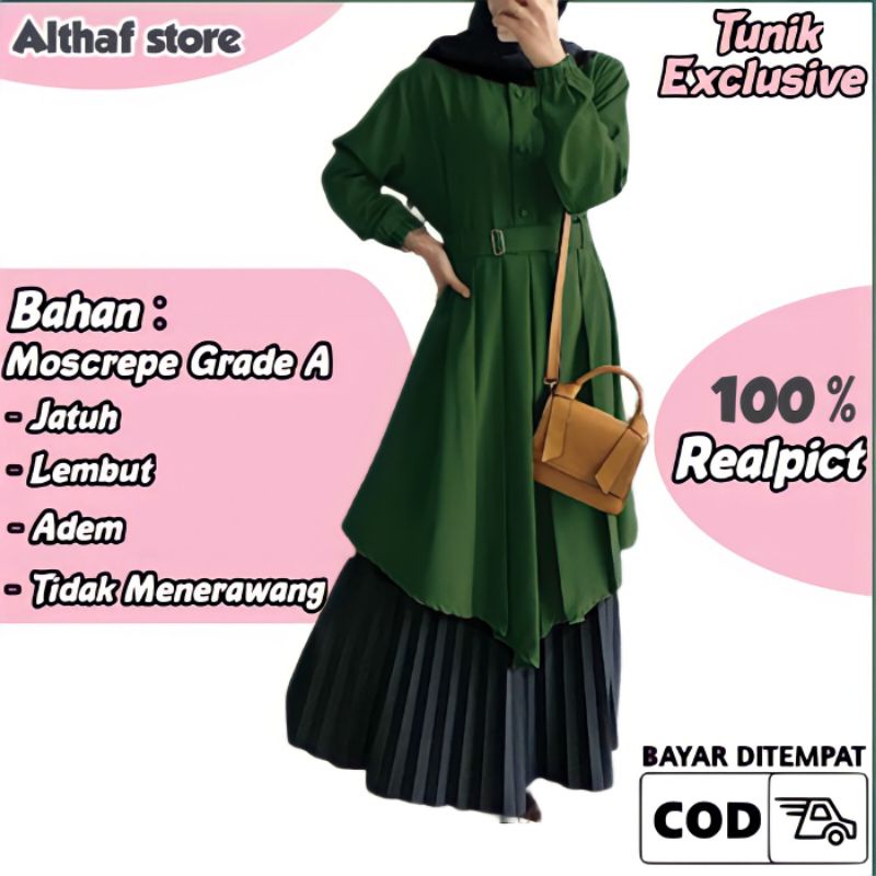 Baju Tunik Wanita Terbaru Dress Polos Panjang Fashion Muslim Perempuan Size Jumbo Warna Hijau Botol