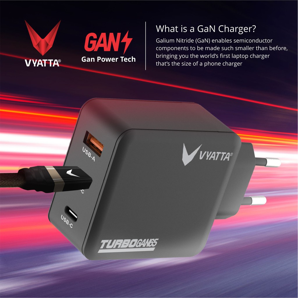 VYATTA TURBO GAN 65W PD 2 Power Delivery Type C + QC Fast Charger - iPhone, Samsung, Oppo, Macbook