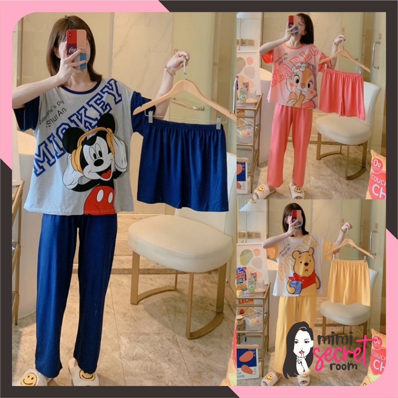 ❤ MIMI ❤ Baju Tidur 3 in 1 Piyama Import Wanita Lengan Pendek Celana Panjang Pendek Terlaris