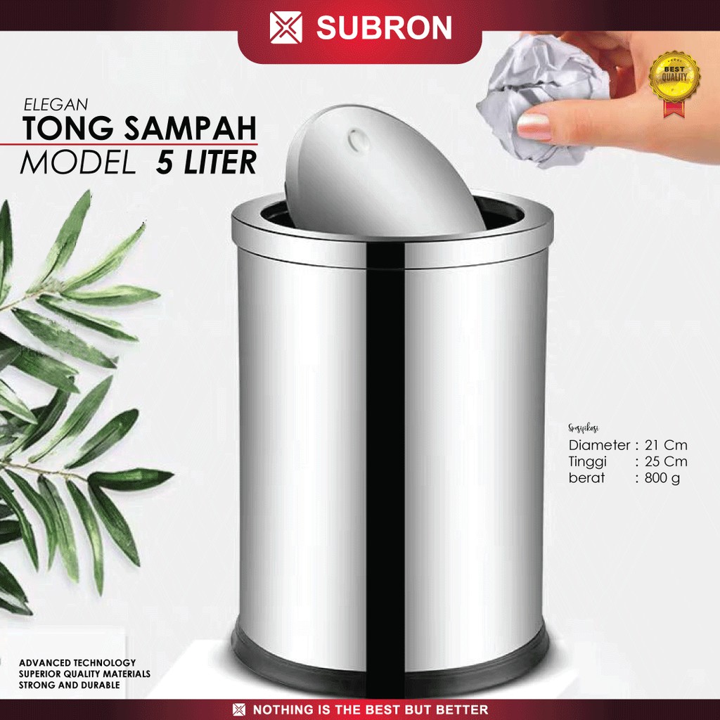 SUBRON Tong Sampah 5lt Tempat Sampah Stainless Tutup Swing 