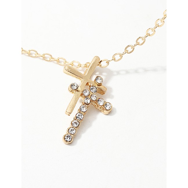 LRC Kalung Wanita Fashion Golden Double Cross Alloy Zircon Necklace D91966