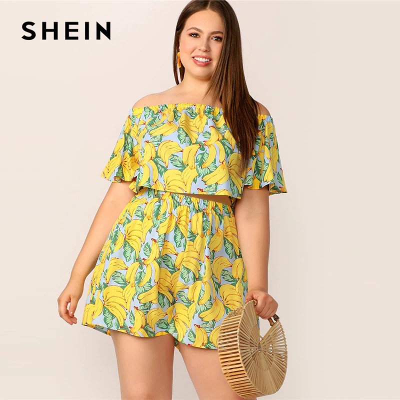 SHEIN Plus Size Yellow Off Shoulder Banana Print Flounce Sleeve Crop Top And Shorts Set