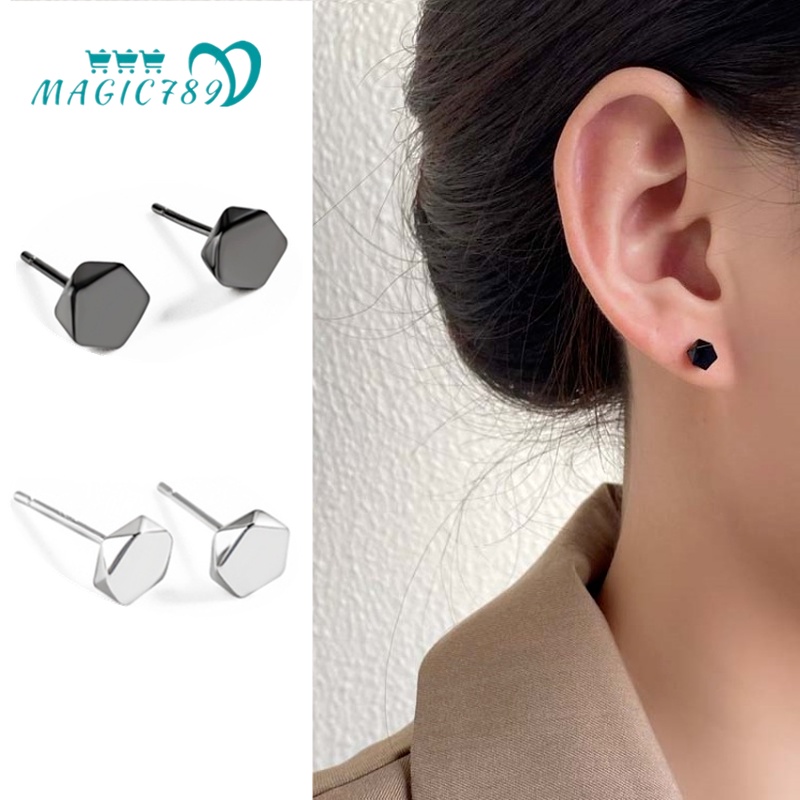 Magic789 Unisex s925 Silver Black Small Geometric Stud Earrings for Women Men