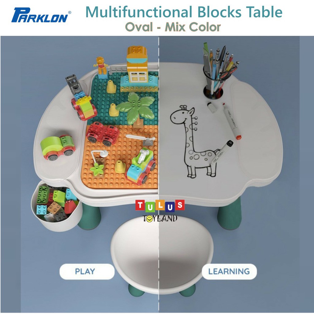 Parklon Blocks Table Set Multifungsi Meja Lego Susun Balok Kursi Anak Meja Belajar Oval Whiteboard