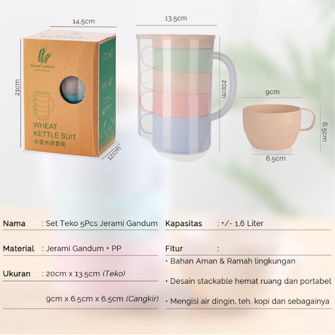 Mug Jerami Gandum Set 5 in 1 / Teko Cagkir Set / Gelas Set Gelas Wheat Cangkir Wheat