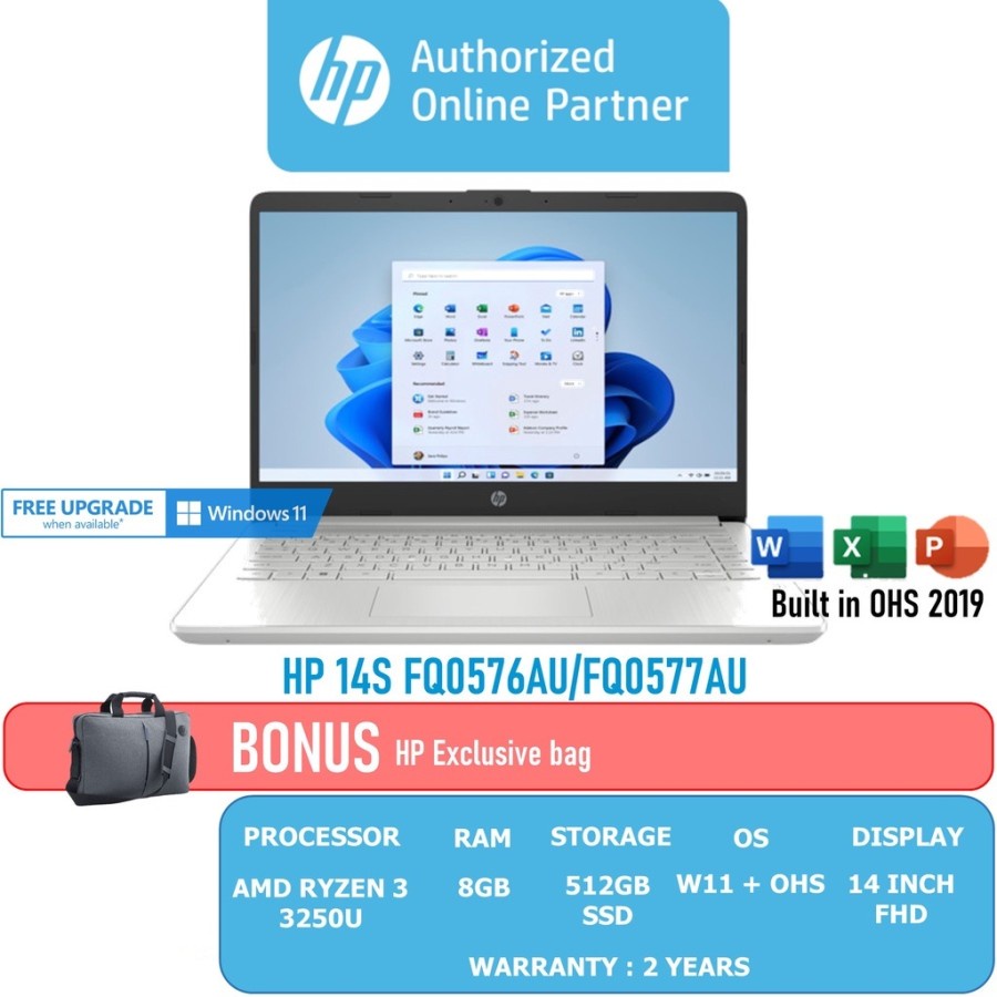 HP Laptop 14s-fq0576AU/fq0577AU / Ryzen3 3250U / 512SSD/8GB /Win11+OHS - Silver