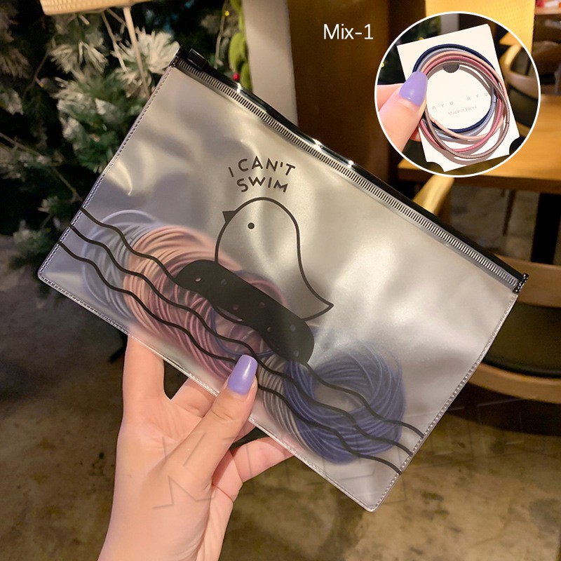 100pcs Ikat Rambut Korea I Can Swim  karet polos warna-warni dewasa import ala korea+pouch-2