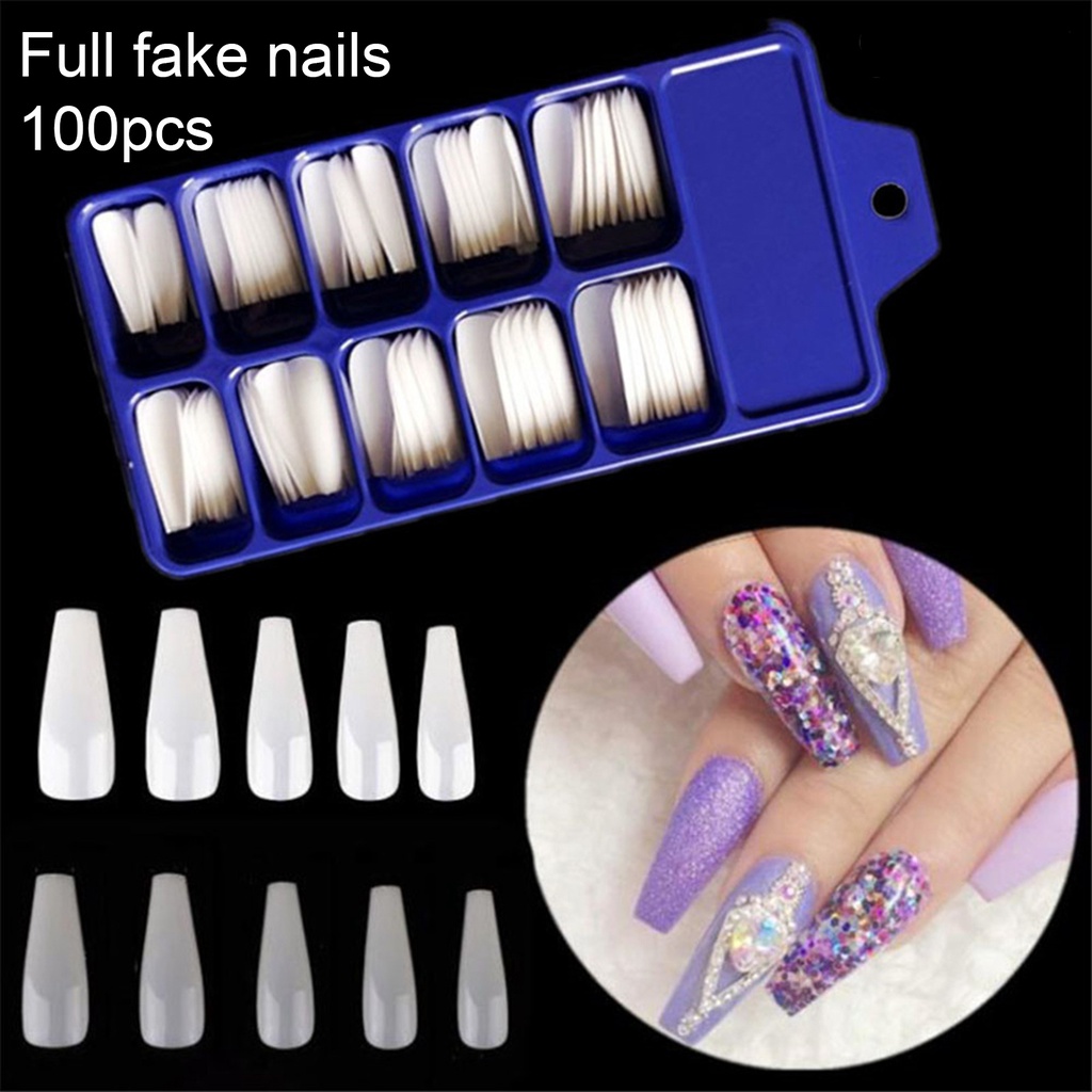 Twowood 100Pcs / Set Kuku Palsu Panjang Efek Tembus Cahaya Untuk Manicure / Nail Art DIY