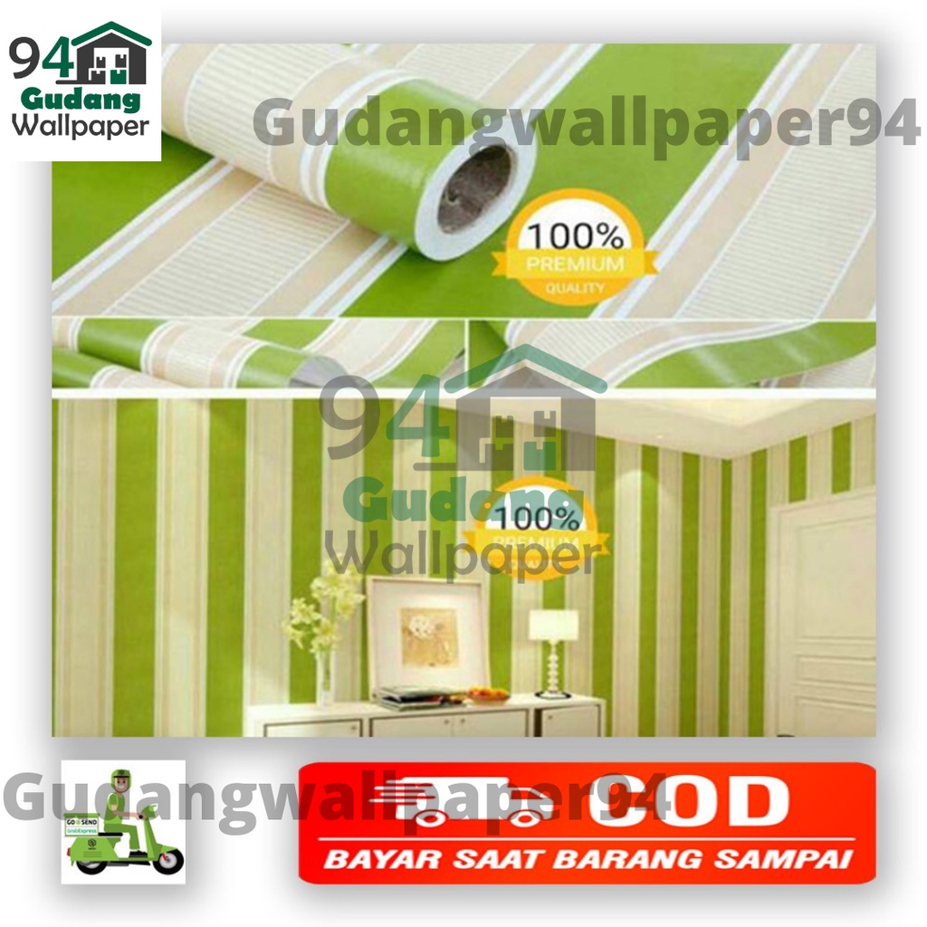 (COD) Gudang Wallpaper Sticker Dinding kamar Anti Air Murah Dan Terbaik Motif Salur Hijau Bahan PVC Premium (SUDAH ADA LEM)