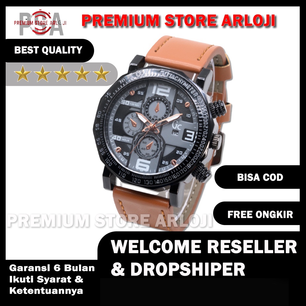 Grosiran Jam Tangan Pria Gc 4765HB Analog Tali Kulit Tanggal Aktif Chrono Variasi Free Baterai Cadangan (BISACOD)