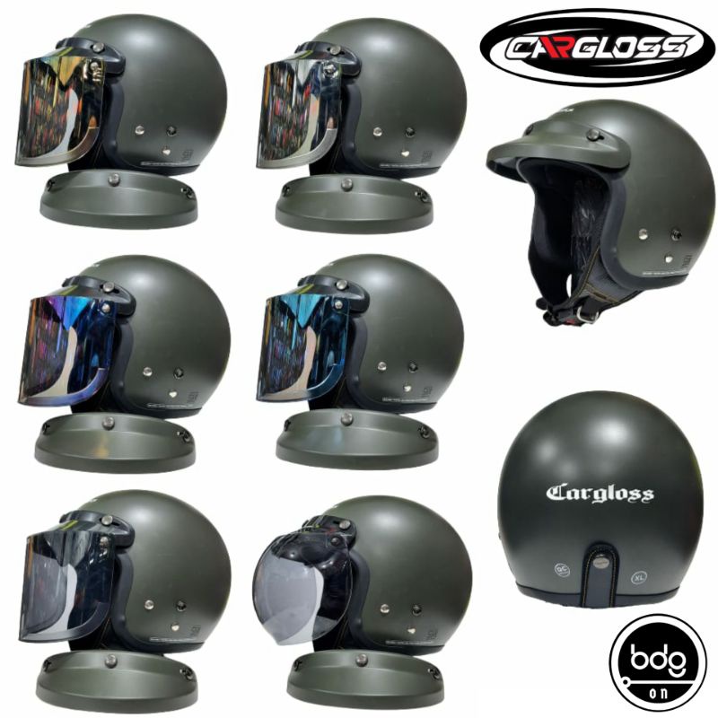 HELM CARGLOSS RETRO HIJAU ARMY DOFF + Kaca Bogo Cembung Datar Injak
