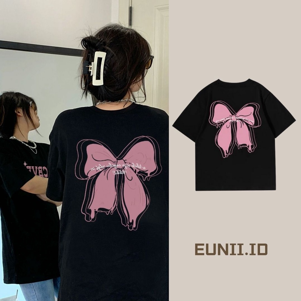 EUNII T-shirt Lengan Pendek Cetakan Busur Besar Longgar Korean Style/Kaos Atasan Wanita/Baju Kaus Oversize Wanita