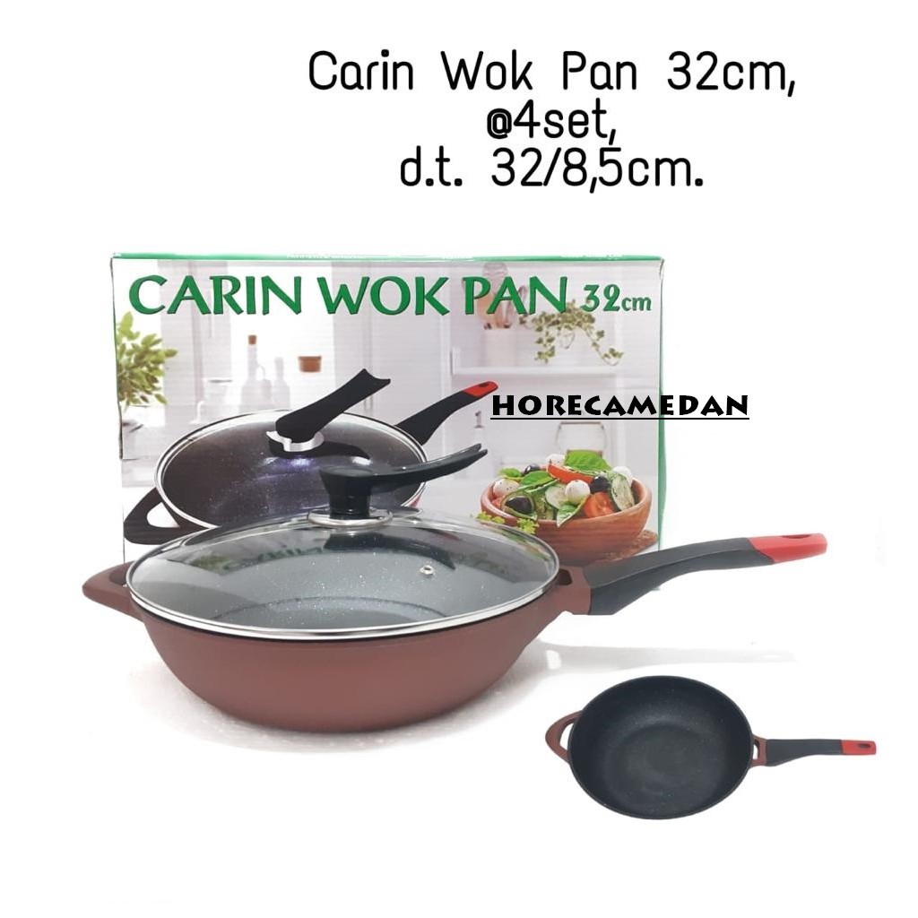 Carin Wok Pan Marble Granit 32cm Tutup Kaca / Wajan marble granit 32cm