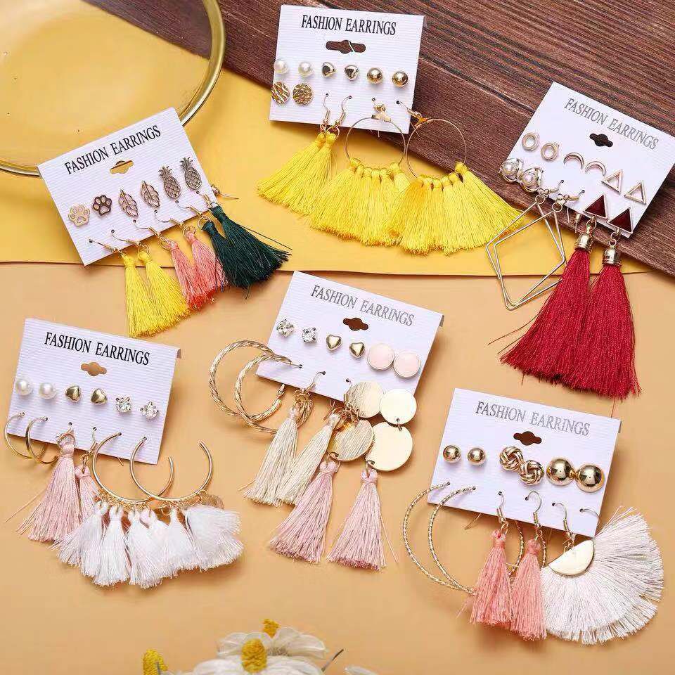 （COD）6 Pasang / Set Anting Tusuk Aksen Berlian Imitasi Gaya Boho Retro untuk Fashion Import Wanita